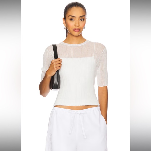 Vince Double Layer Rib Elbow Sleeve Top in Optic White, xs - Picture 1 of 4